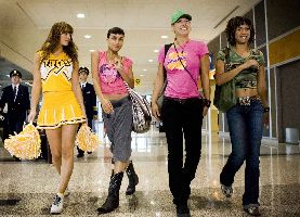 L-R: Mary Elizabeth Winstead, Rosario Dawson, Zoe Bell and Tracie Thoms wonder if the cheerleader outfit undermines the Girl Power movement a little.