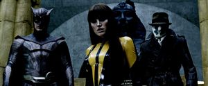 Patrick Wilson, Malin Akerman and Jackie Earle Haley (Nite-Owl II, Silk Spectre II and Rorschach) confused the invitations for the fancy dress party and the funeral.